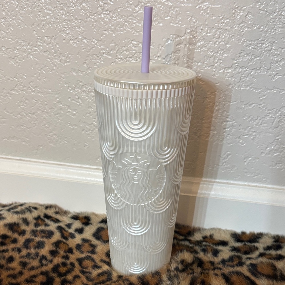 24oz Starbucks White Textured Tumbler with Purple Straw